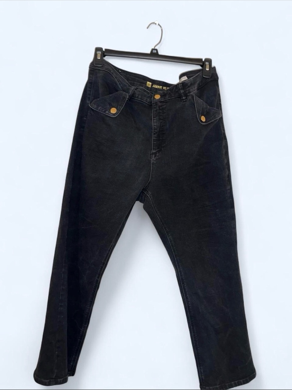 Anne Klein Black Jeans Size 16 Faded Denim Gold Button Detail